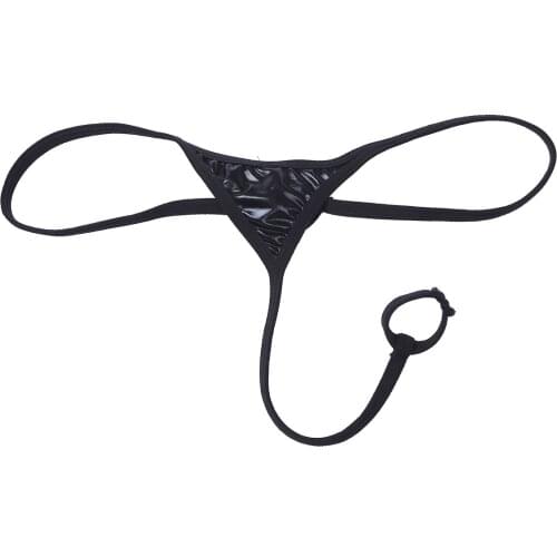 Sexy Men Lingerie Panties G-Strings Low Rise Leather Briefs Thong Gay Underwear Underpants with Penis Hole Loop Bikini Briefs