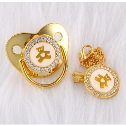 Bling Luxury Rhinestone Baby Pacifier Lovely Golden Bear Newborn Silicone Orthodontic Pacifier Nipple Sleep Soother 0-18 Months