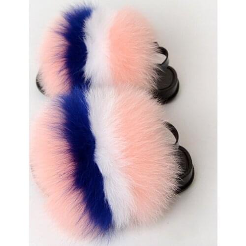 Real Fox Fur Slippers Kids Fur Slides Fashion Fluffy Flip Flops Anti-slip Flat Sandals Indoor Outdoor Comfortable