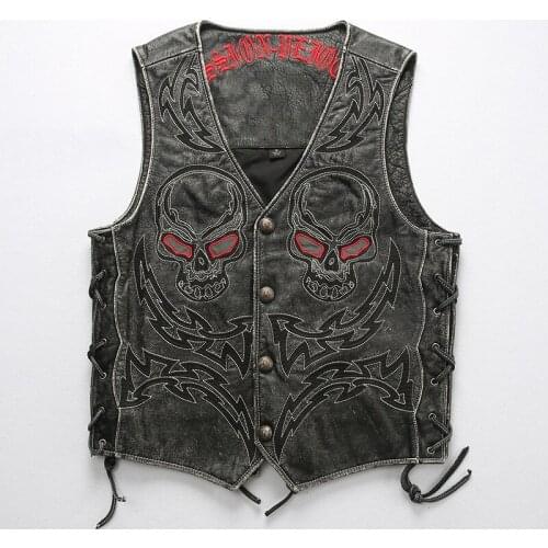 2021 Vintage Brown Skulls Embroidery Motorcycle Style Genuine Leather Vest Men Plus Size 5XL Real Natural Cowhide Short Coat