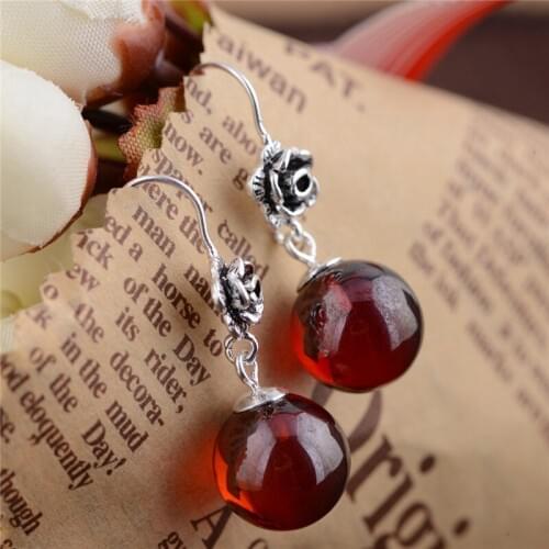 BESTLYBUY Real 925 Sterling Silver Natural Stone Rose Flower Drop Earrings for Women Lover Mother Party Gift Retro Earrings