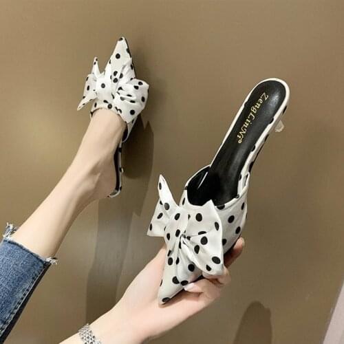 Pointed Toe Women Slippers Ladies Summer Outside Mules Shoes Shallow Flats Bow Design Thin Low Heels Sandals Slides Beach Shoes