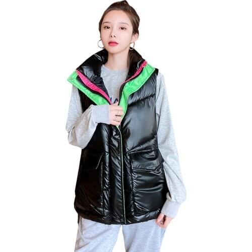 Elegant Lady Down Cotton Vest Female Stand Collar Temperament Street Color Matching Top 2021 Autumn Winter New Vest Jacket OK944