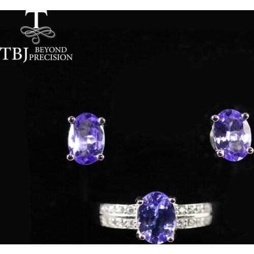 TBJ ,Natural Tanzanite jewelry set oval cut 5*7mm 3 pieces earring ring 925 sterling silver fine jewelry simple design for women