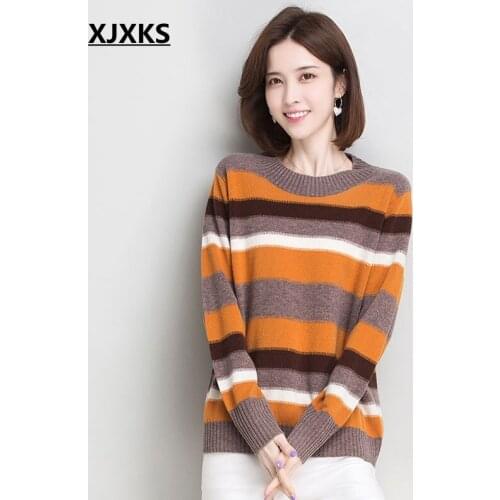 XJXKS 100% Wool Female Korean Harajuku Loose Striped Sweater Womens Sweaters Kawaii Ulzzang Clothing For Women Ins Pullover