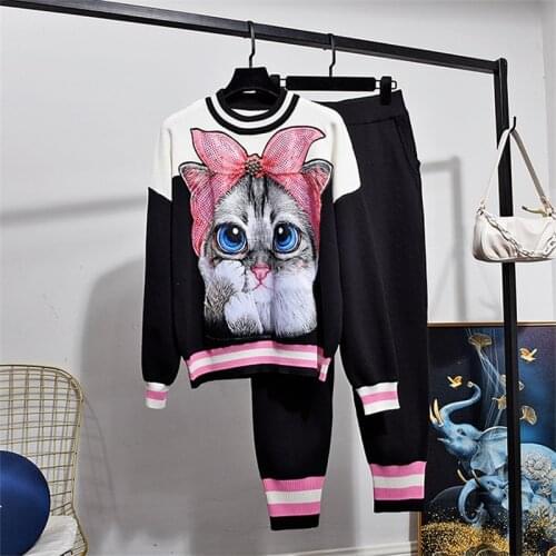 2020 Autumn tracksuit Women Knitted Set Fashion Cat Cartoons Long sleeve Tops + Casual Pants 2 Piece Set Women Outfits Tide H677