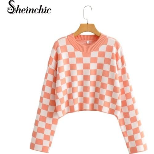 Runway Designers Tops for Women Korean Fashion Knitted Sweater Mujer 2021 Loose Casual Vintage Plaid Pullovers