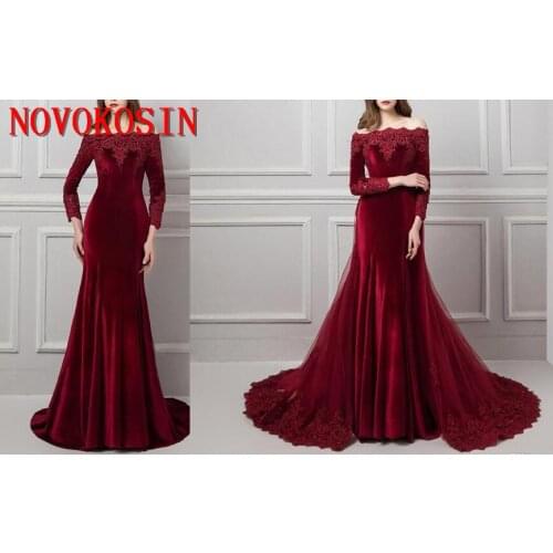 2019 Off-Shoulder Lace Appliqued Evening Dresses With Detachable Train Boat Neck Long Sleeve Velvet Prom Dress Party Gown