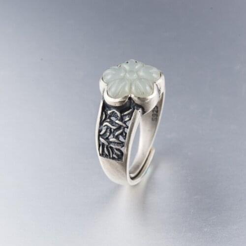 S925 Sterling Silver Ring Handmade Inlaid Natural Hetian Jade Flower Womens Open Ended Ring Thai Silver Jewelry Wholesale