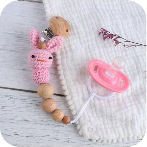 1pc Woodden Crochet Teething Chain Bunny Pacifier Chain Clip Baby Teether Soother Holder Newborn Accessories Babie Reborn Gift