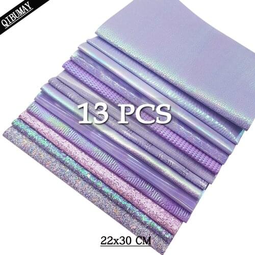 QIBU 22*30cm 13pcs Purple Chunky Glitter Fabric Mermaid Faux Leather Sheets For Bows A4 size Textile Vinyl Accessories Materials