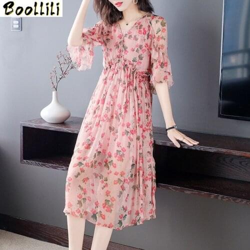 Boollili Summer Dress Women Real Silk Women Party Dress Elegant Midi Dress Women Clothes Ladies Dresses Robe Femme