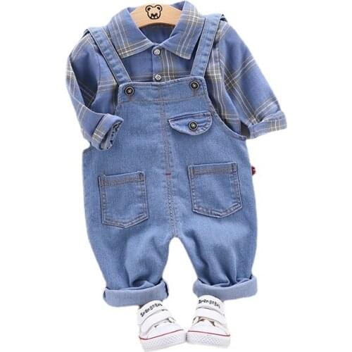 Spring Autumn Baby Cartoon Clothes Children Boy Lattice Shirt Overalls 2Pcs/Sets Toddler Casual Costume Girls Fashion Sportswear
