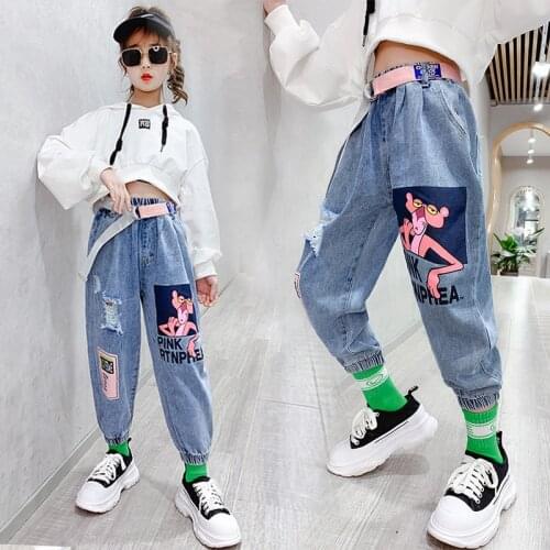 Kids Girls Jeans Color printing Cartoon Casual Pants Denim trousers 2021 Spring Children Girl Clothes 8/10/11/12/13 teens Jeans