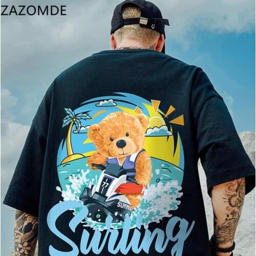 ZAZOMDE Hip Hop Oversized T Shirt Men ​Streetwear Harajuku Surf Little Bear printing Tshirt Short Sleeve Cotton Loose HipHop Tee