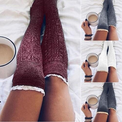 Fashion Women Autumn Winter Over Knee Socks Lace Trim Knitted Stockings Warmers Fashion Ladies Knee High Socks Long Stockings