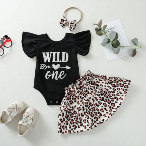 3 Pieces Baby Girl Clothes Set Summer Letter Print O-Neck Fly Sleeve Romper+ Leopard Skirt+ Headband 0-24 Months