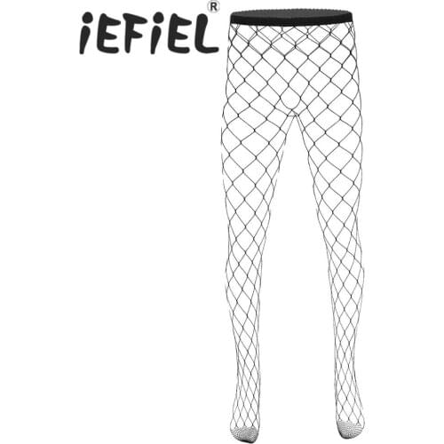 Men Hot Hollow Out Fishnet See Through Sheer Elastic Waist Closed Toes Tight Leggings Stretchy Pantyhose Stockings for Nightwear