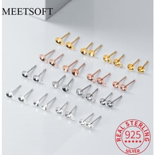 MEETSOFT Trendy Sterling Silver 2pair/lot Pearl drag Semi finished Stud Earrings of DIY handmade Jewelry wholesale Accessory