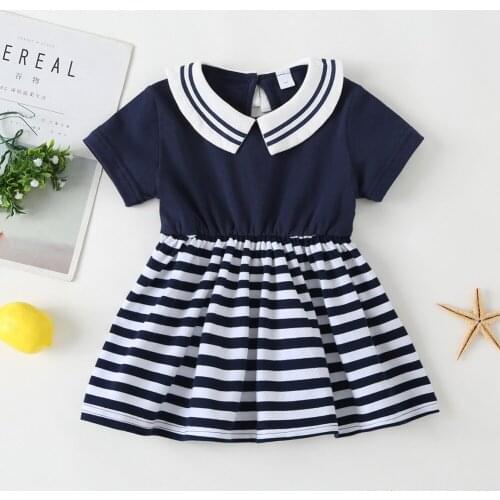 Fashionable Newborn Summer Short Sleeve Splicing Dresses Girls Striped Hollow Comfortable Leisure Chic Princess Dress