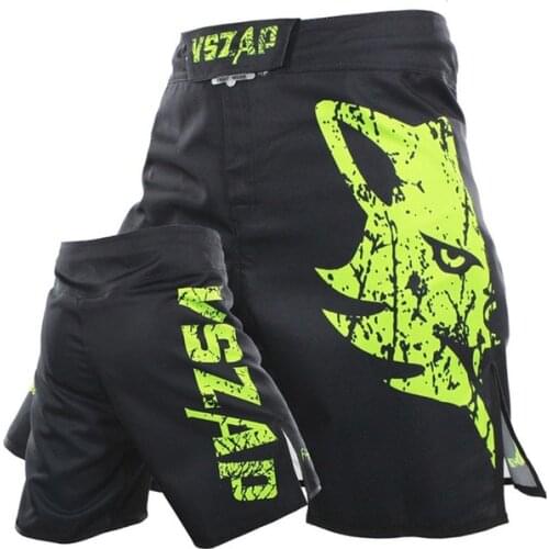 Mens Muay Thai Boxing Shorts Green Wolf Printing MMA Shorts Fight Grappling Short Kick Gel Thai Boxing Shorts MMA Boxe Pants