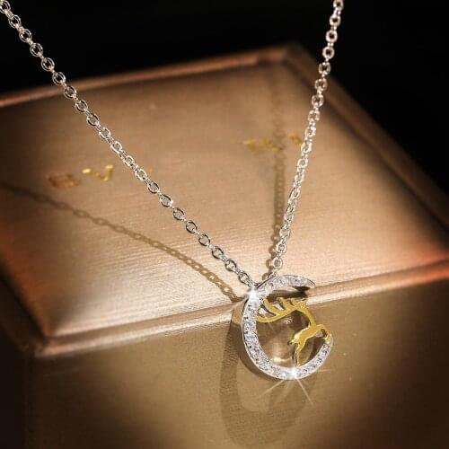 925 silver Cute Elk and Moon Silver Color Pendant with Bling Zircon Stone Long Chain Necklace for Women Fashion Jewelry