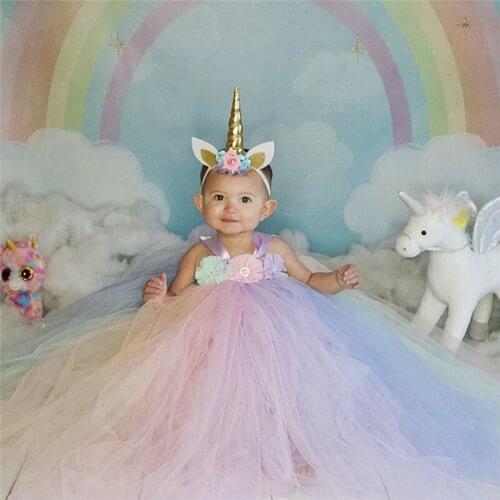 Flower Girl Dresses Unicorn Party Dresses for Girls Halloween Christmas Costumes Unicorn Dress with Headband Princess Ball Gown