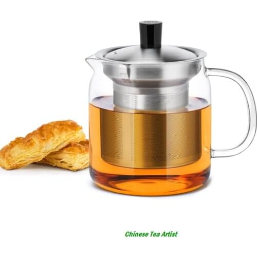 Hand Blown Glass Modern Teapot with Stainless Steel Strainer&Lid 500ml,Personal Mini Heat Resistant Glass Teaware