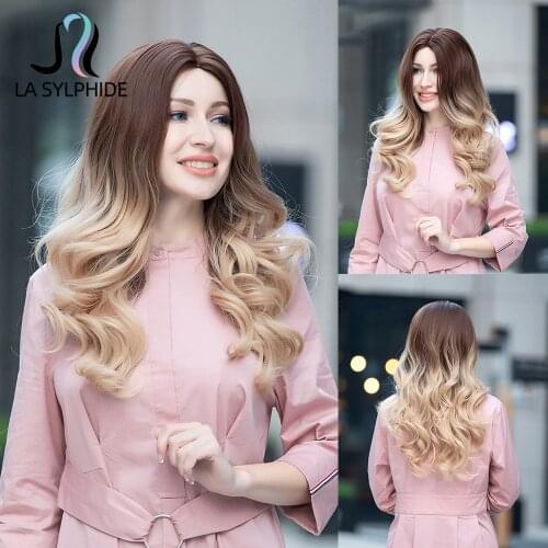 La Sylphide Synthetic Wig Long Deep Wave Root Brown Ombre Blonde Middle Part Hair Wigs for Woman Party Cute Wigs Heat Resistant