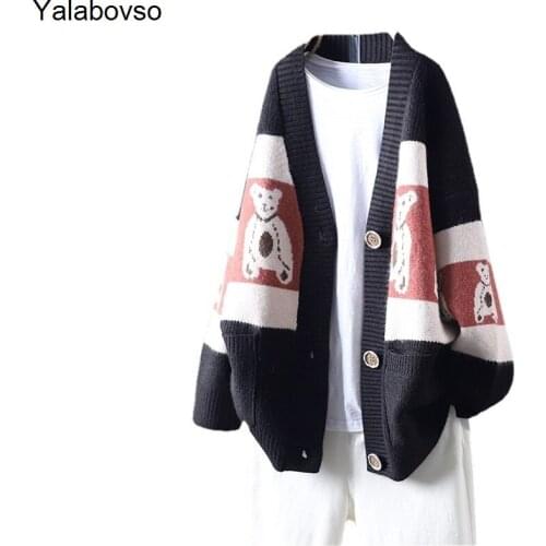 V-Neck Long Sleeved Knitted Cardigan Autumn 2021 New Loose Bear Jacquard Single Breasted Womens Retro Vintage Sweater Coat