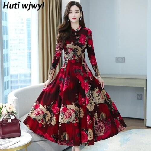 Chinese Style Vintage Knit Cotton Warm Midi Dress Plus Size Autumn Autumn Floral Dress Women Bodycon Party Casual Maxi Vestidos