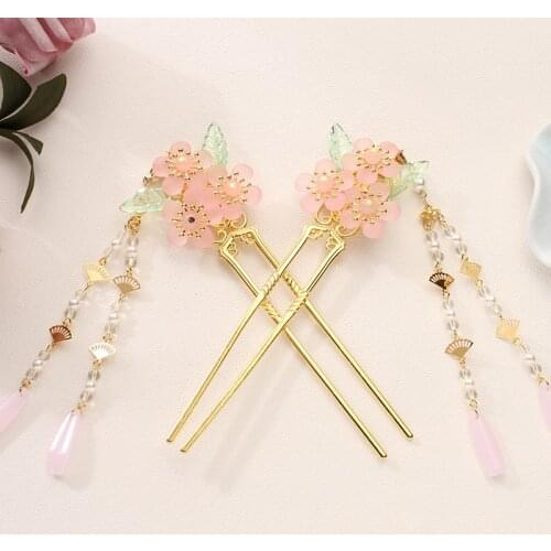 Handmade Ancient Chinese Style Flower Simulated Pearls Long Tassel Hair Sticks Hairpins Headpieces Bride Hair Jewelry