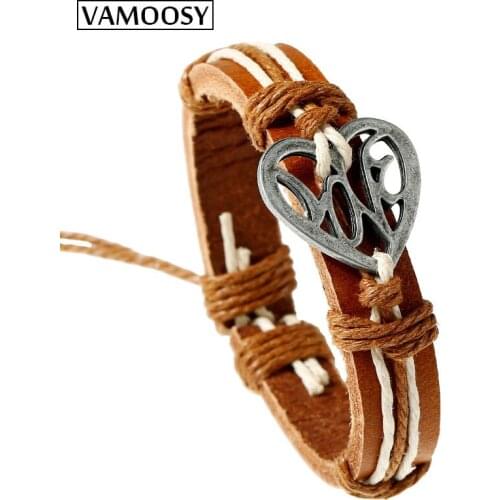 VAMOOSY 10pcs Female Bracelet New Fashion Heart Hang Tag Adjustable Leather Bracelet Vintage Bohemia Bracelets for Women Men