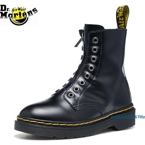 Dr.Martens Women Black Laceless Side Zipper Punk Motorcycle Doc Martin Boots Ladies Anti-Slip Casual Leather Rock Mujer Shoes