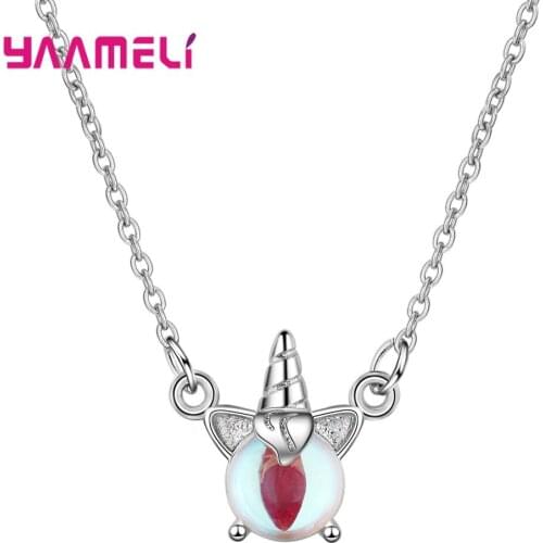 925 Sterling Silver Bijouterie Cute Unicorn Colorful Moonstone Pendants Necklaces For Women Trendy Short Clavicle Chain Jewelry