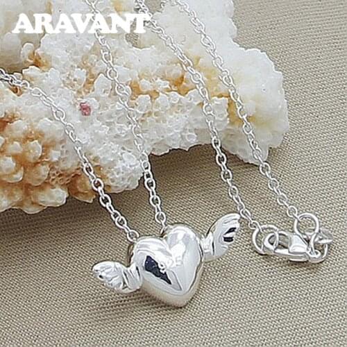 New Fashion 925 Jewelry Heart Angel Wing Pendant Necklace For Women Silver Plated Necklaces Jewelry