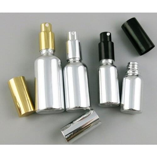 12 X Refillable Silver Glass Bottle With Gold Black Silver Pump 30ml 50ml 100ml 1OZ Silver Cream Shampoo Glass Containers