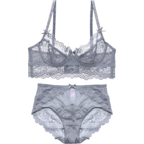 Ultra thin Bra Lace Lingerie set D cup rhinestone bow Unlined Transparent Underwire Mid-rise panty