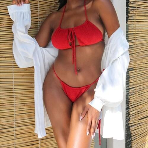 2021 Bandage Solid Swimsuit Micro Bikini Set Sexy Brazilian Thong Bikini Mujer Swimwear Women Bathing Suit Beach maillot de bain