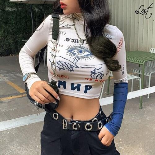 2021 Fashion y2k T-shirt Spring Long Sleeved High neck Sexy Harajuku Crop Top Female High Waist Printed T shirt Street Clothes
