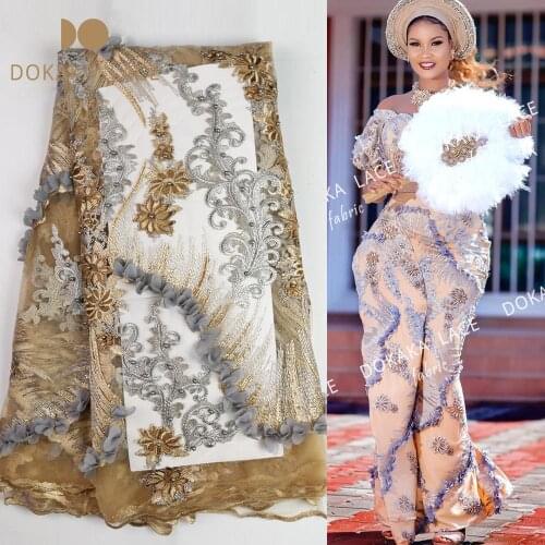 3D Applique Grey African Mesh Net Lace Fabrics With Stones And Beads Nigerian High Quality Wedding Evening Gowns Tulle Material