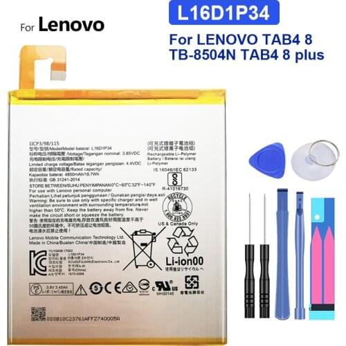Battery L16D1P34 4850mAh For LENOVO TAB 4 TAB4 8 TB-8504N TAB4 8 plus 8plus Bateria