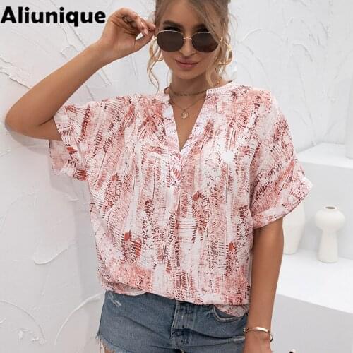 Aliunique New Print V-neck Chiffon Shirt For Women 2021 Summer Leisure Vacation Travel Elegant Temperament Blouse Tie Dye Shirt