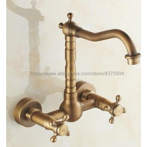 Antique Brass Wall Mounted Bathroom Sink Faucet Swivel Spout Bathtub Mixer Dual Cross Handles Nnf052