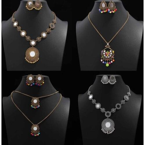 Free Shipping New Women Vintage Retro Silver-color African Colorful Stones Wedding Jewelry Necklace Earrings Sets Best Gift