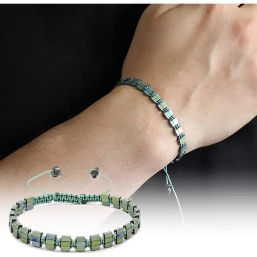 Tesbihane Row Prism Design Macrame Braided Light Green Hematite Natural Stone Bracelet