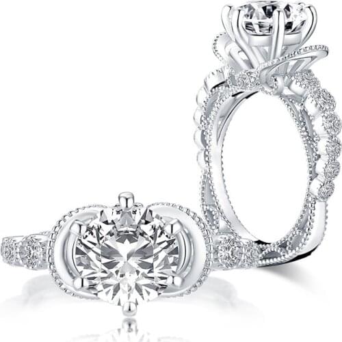 Flower Shape 925 Silver Engagement Ring Classic Six Prong Round Synthetic Diamond Ring Womens Wedding Gift