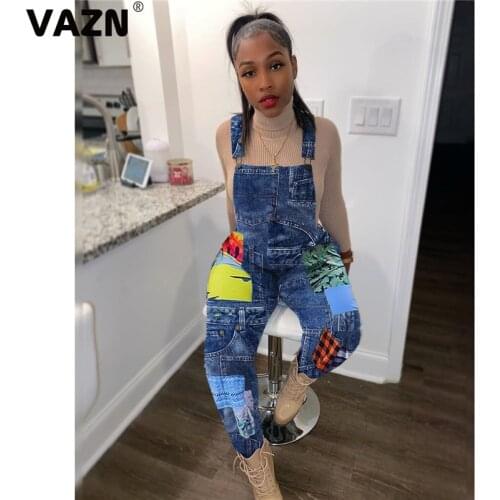 VAZN Hot Sale Women Girl Young Blue Jean Overalls Loose Fashion Hip Pop Robe Full Pant Bandage Rompers