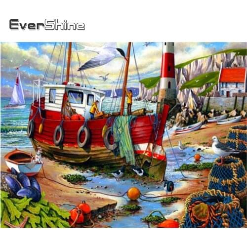 EverShine Diamond Painting Seaside Ship Cross Stitch Diamond Mosaic Cartoon Rhinestones Embroidery Full Square Handmade Hobby