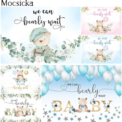 Bear Baby Shower Backdrop Boy girl We can Bearly Wait Background for Photo Studio Pink and Blue Baby Shower Party Decoration